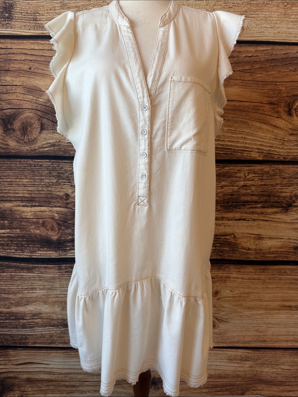 Pilcro Cream Ruffle-Sleeve Button Mini Dress